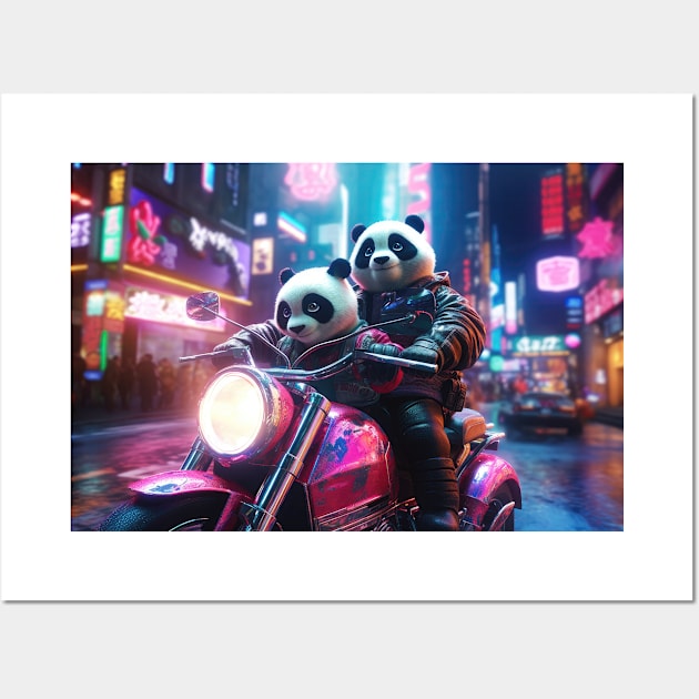 Panda Riders: A Futuristic Journey Through the Synthewave City Wall Art by MerlinArt